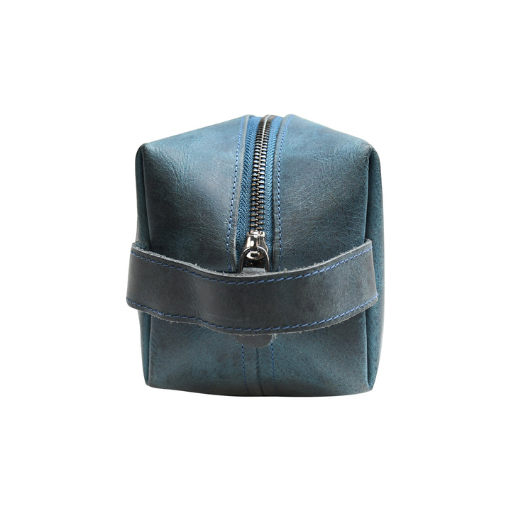 Blue leather pouch with a zipper on a white background