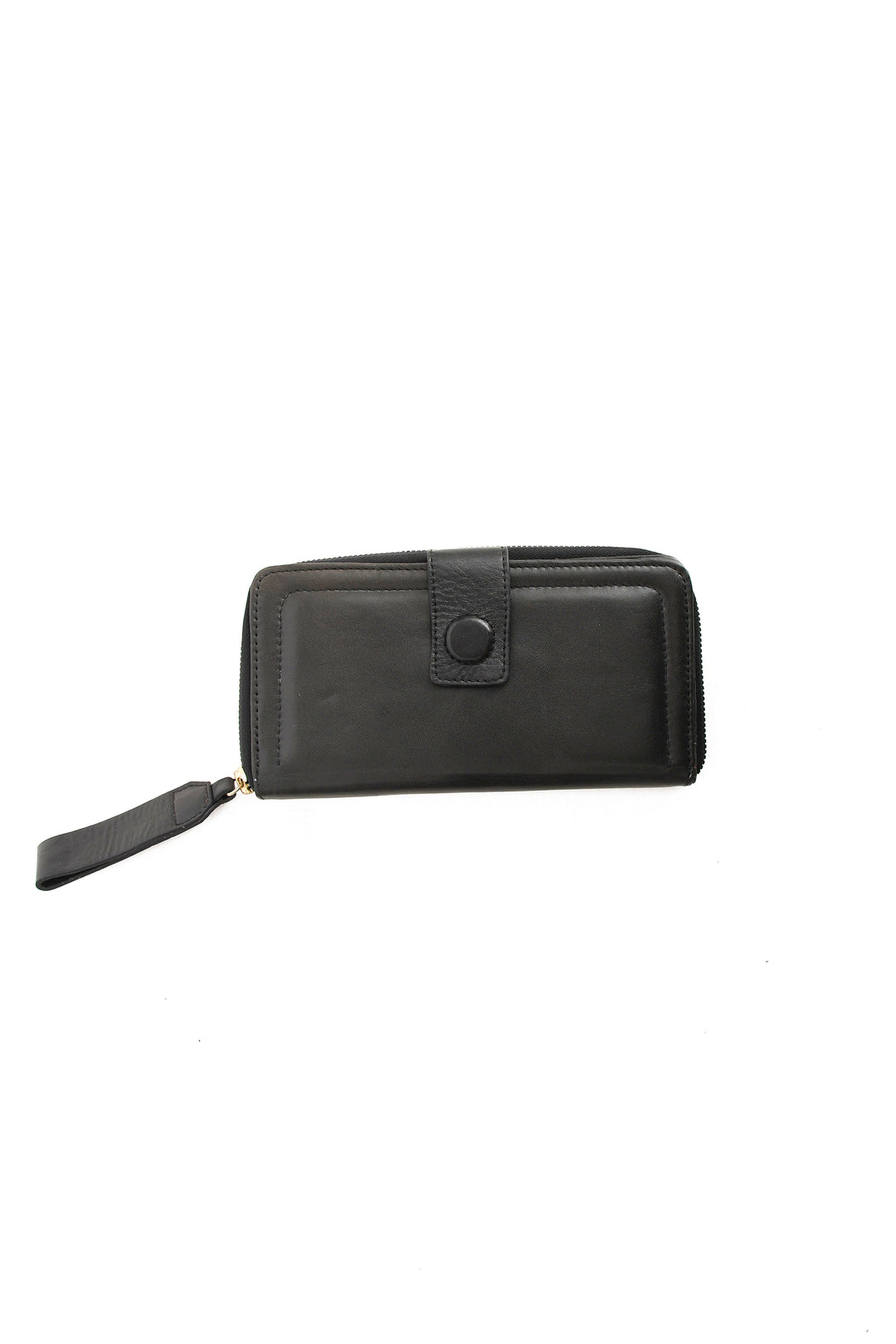 Black wallet with wrist strap on a white background