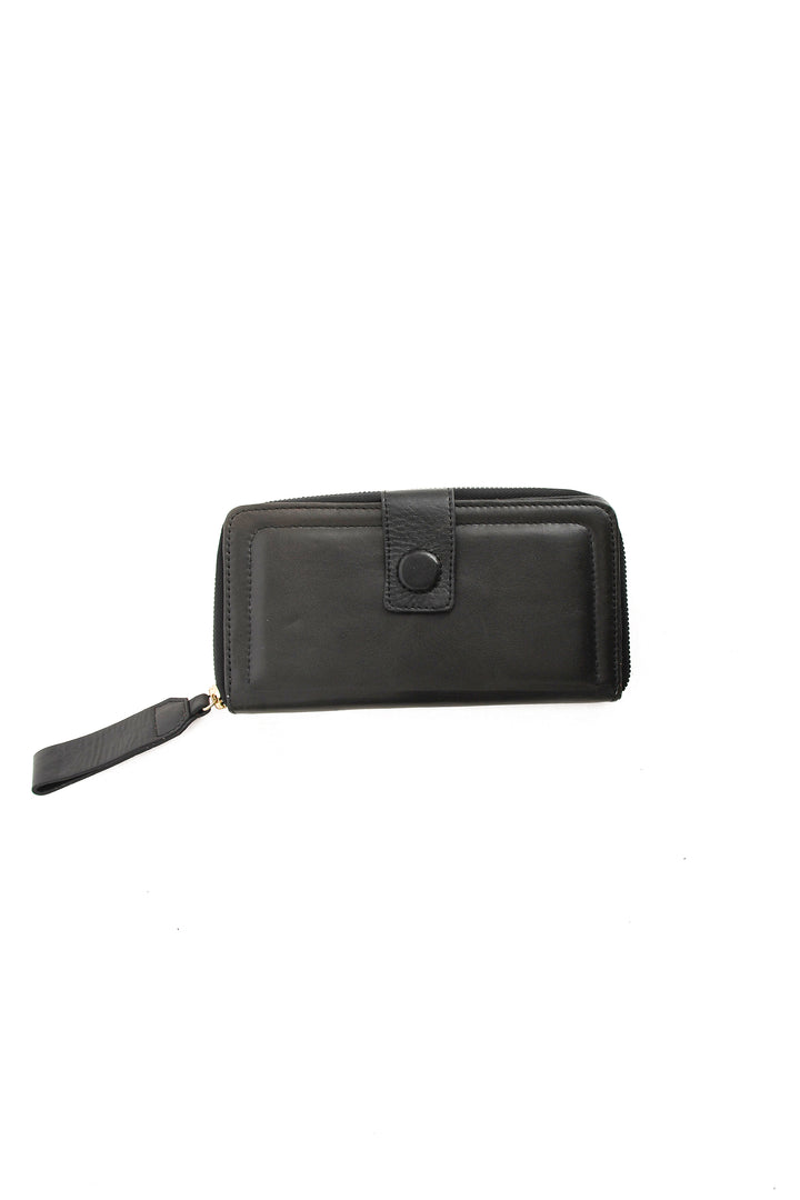 Black wallet with wrist strap on a white background