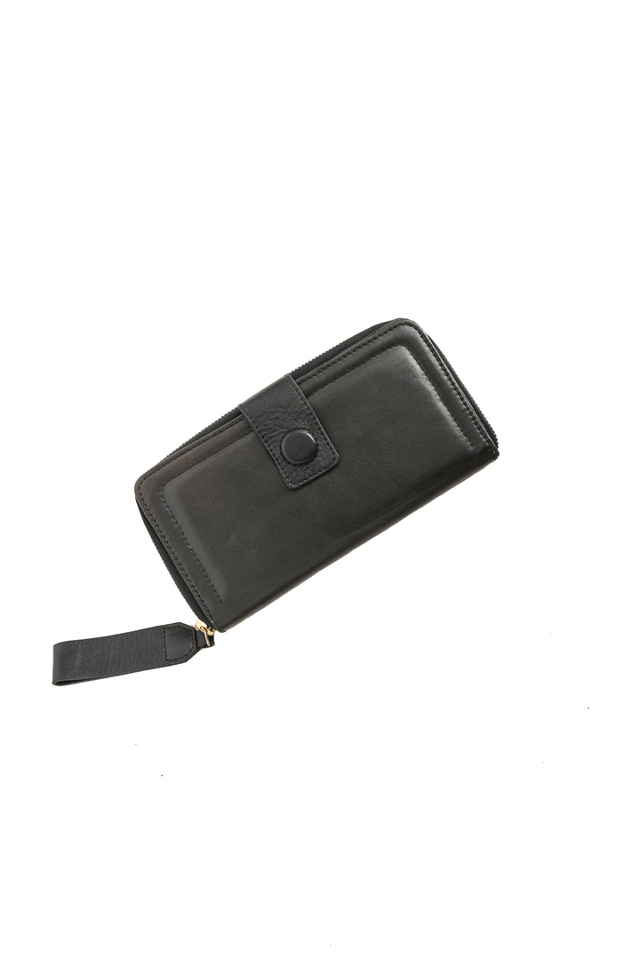 Black wallet with a strap on a white background