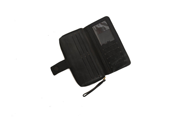 Black wallet with multiple card slots on a white background