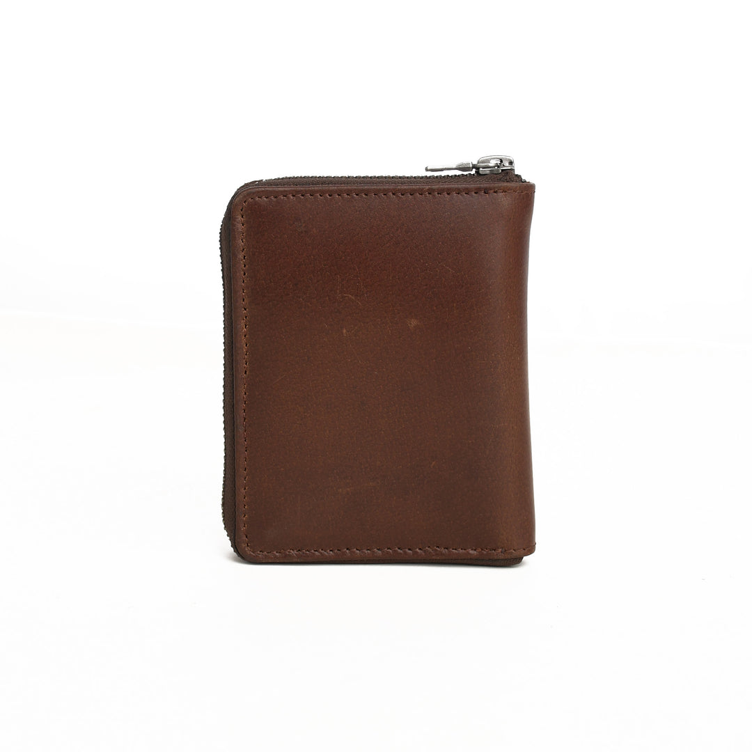 Brown leather wallet with a zipper on a white background