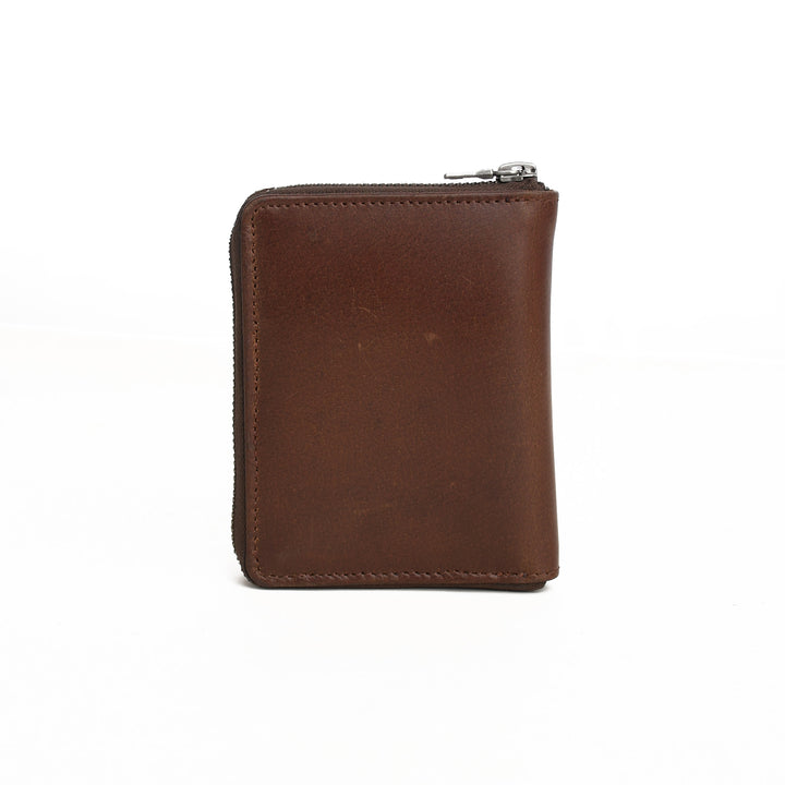 Brown leather wallet with a zipper on a white background