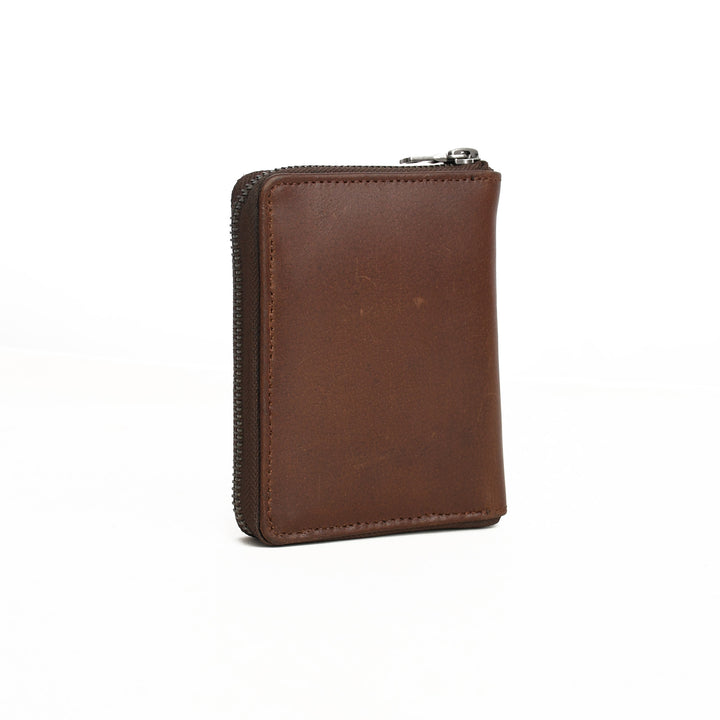 Brown leather wallet with a zipper on a white background