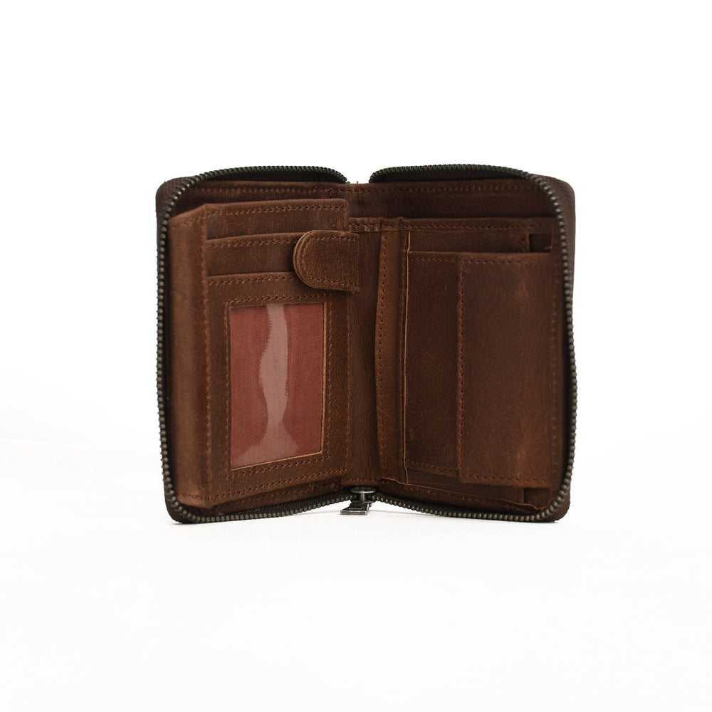 Brown leather wallet open on a white background
