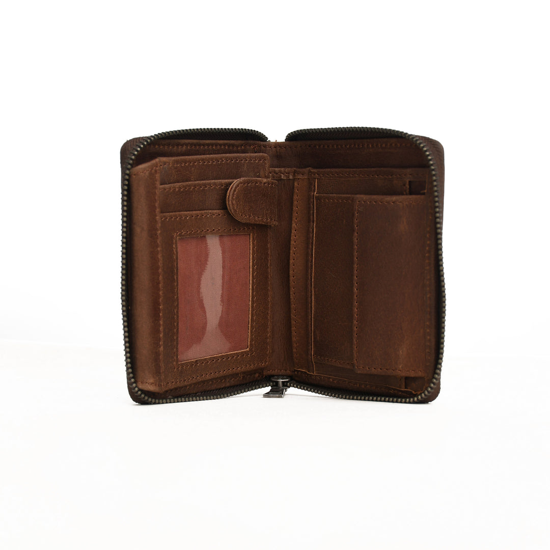 Brown leather wallet open on a white background