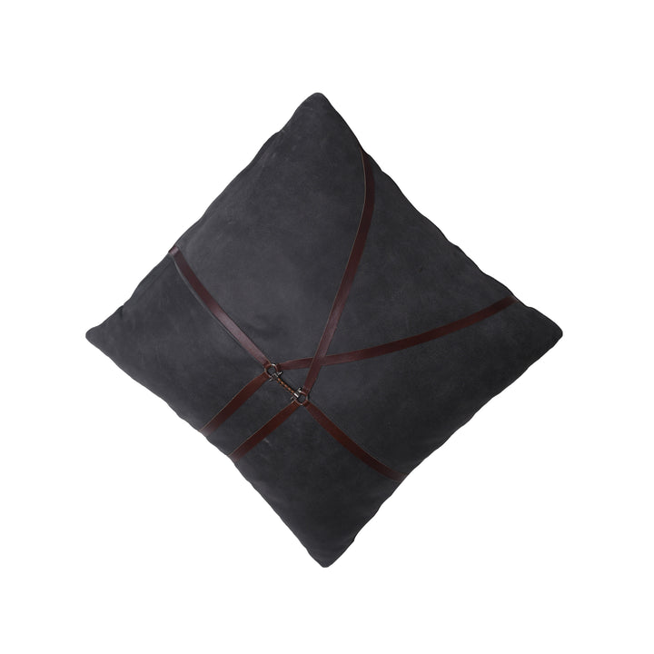 Dark gray pillow with a brown ribbon on a white background