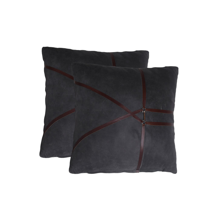 Two dark gray pillows with red accents on a white background