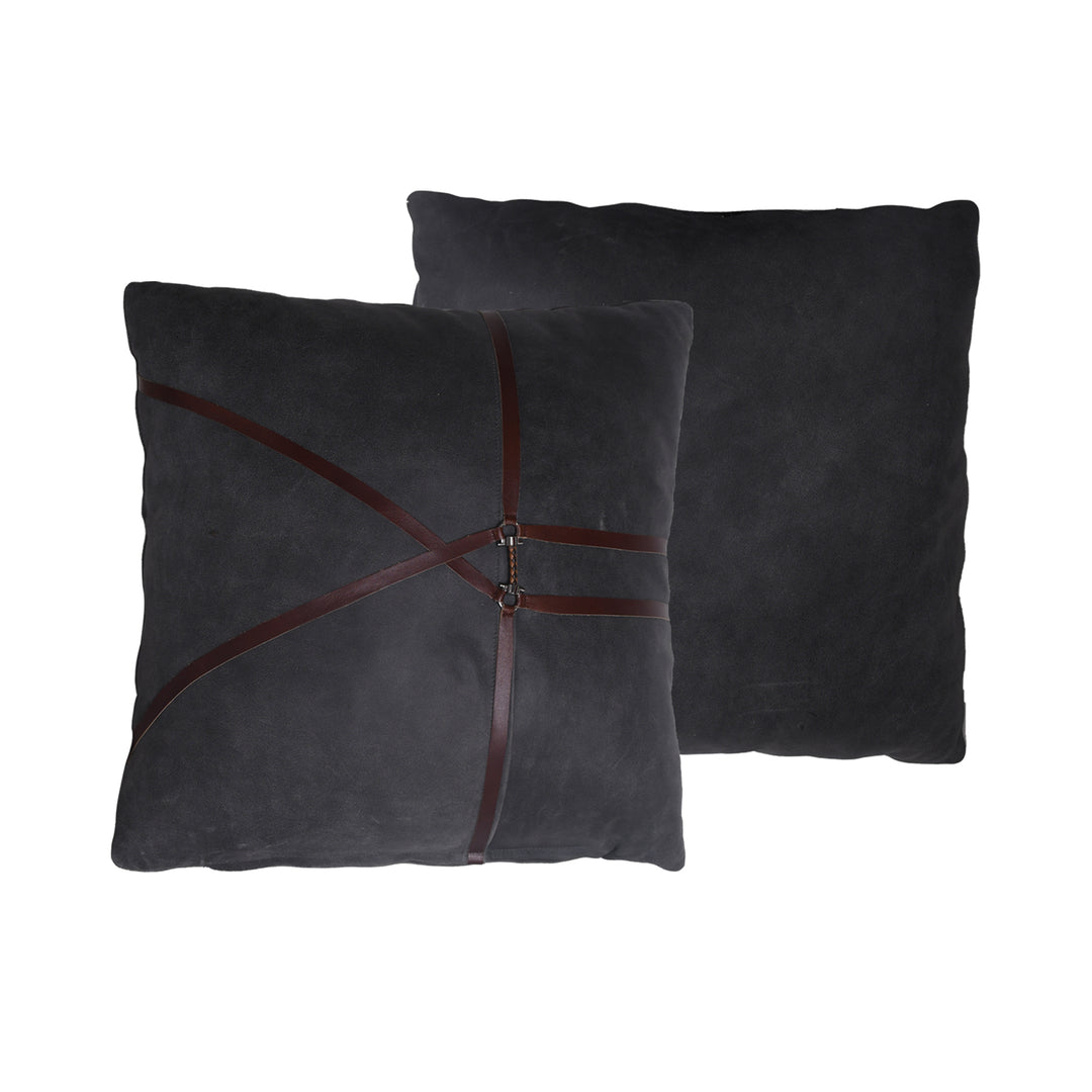 Two dark gray pillows with red accents on a white background