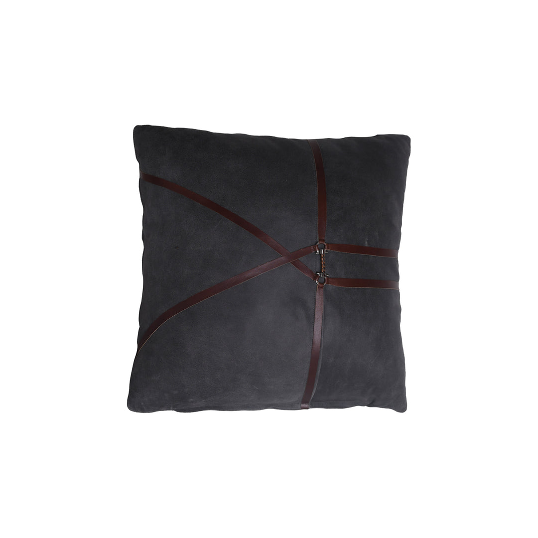 Gray pillow with brown leather straps on a white background
