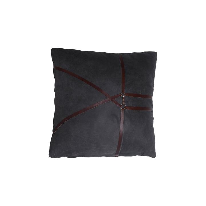 Gray pillow with brown leather straps on a white background