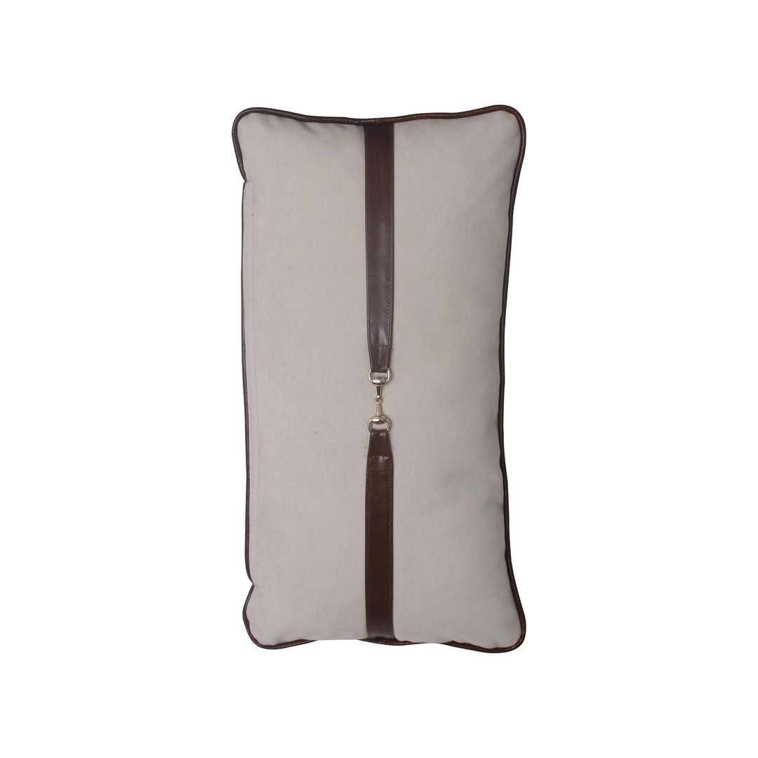 Rectangular pillow with a brown leather strap on a white background