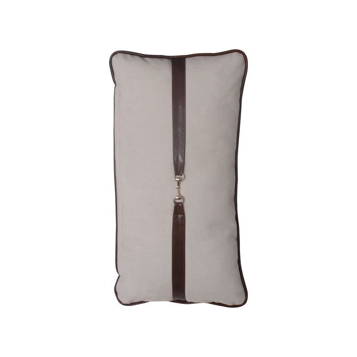 Rectangular pillow with a brown leather strap on a white background