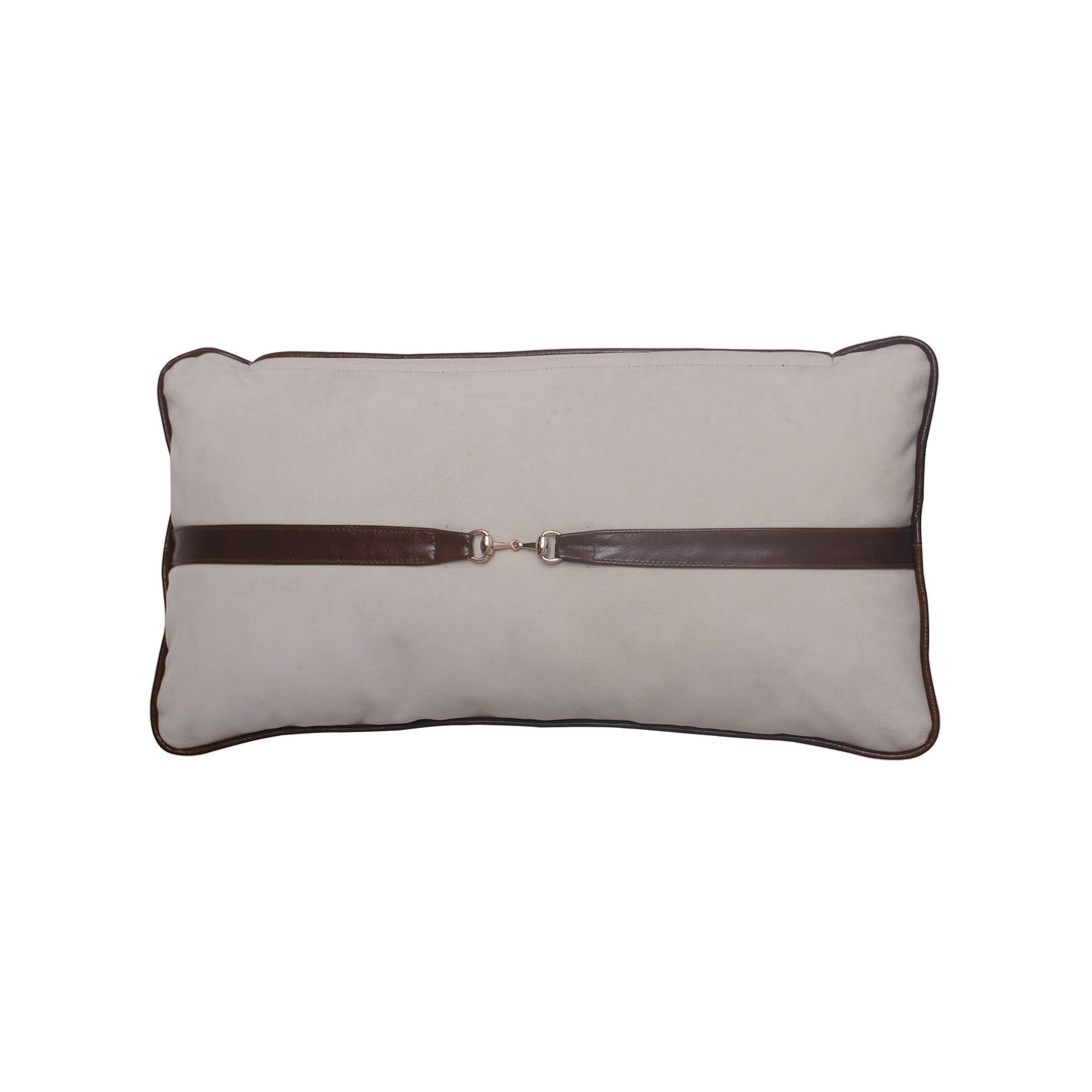 Gray pillow with a brown zipper on a white background