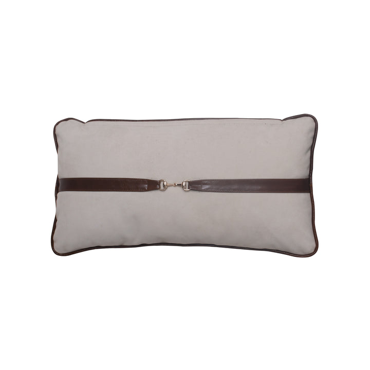 Gray pillow with a brown zipper on a white background
