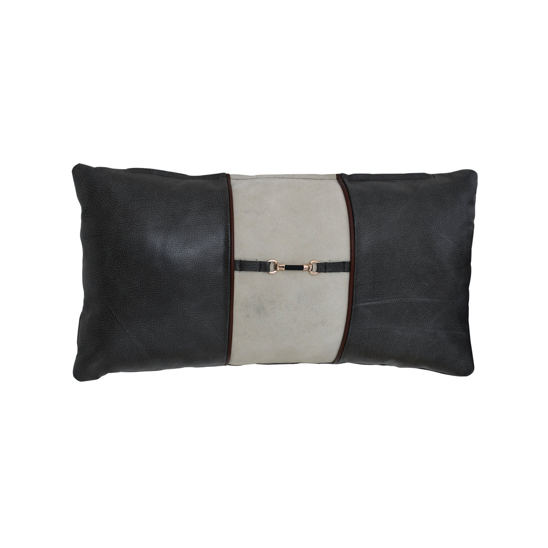 Black and gray leather pillow with a belt buckle on a white background