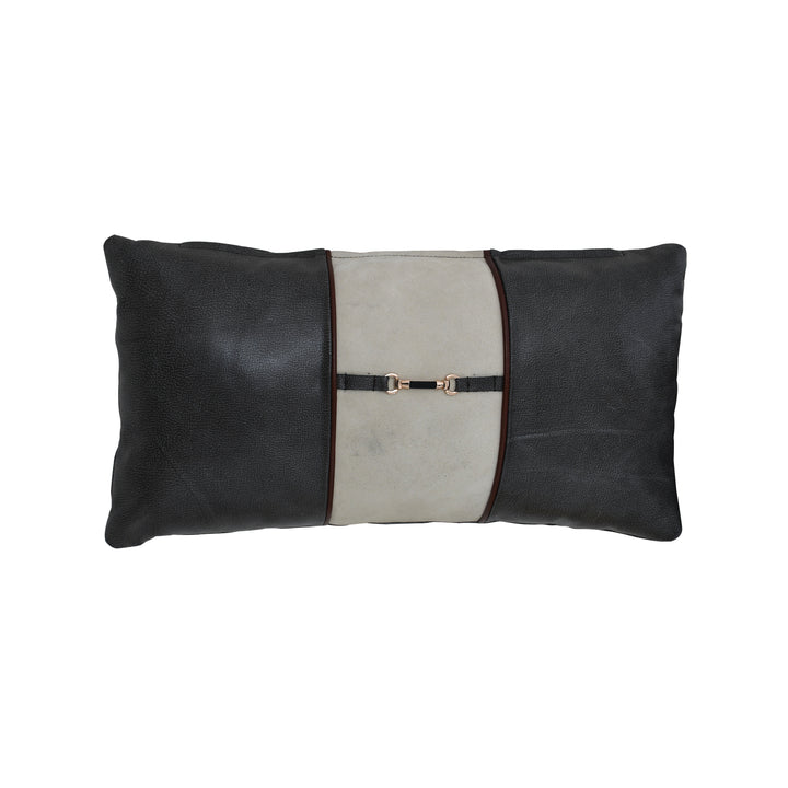 Black and gray leather pillow with a belt buckle on a white background