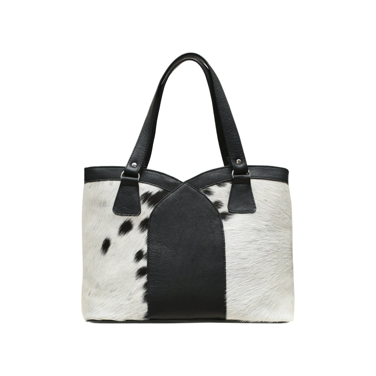 Black and white cowhide handbag on a white background