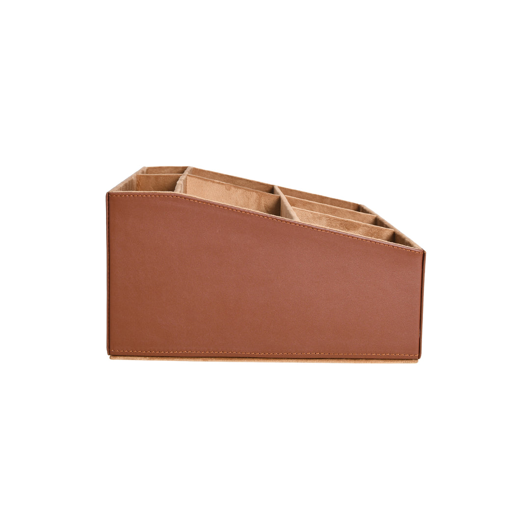 Brown leather desk organizer with compartments on a white background