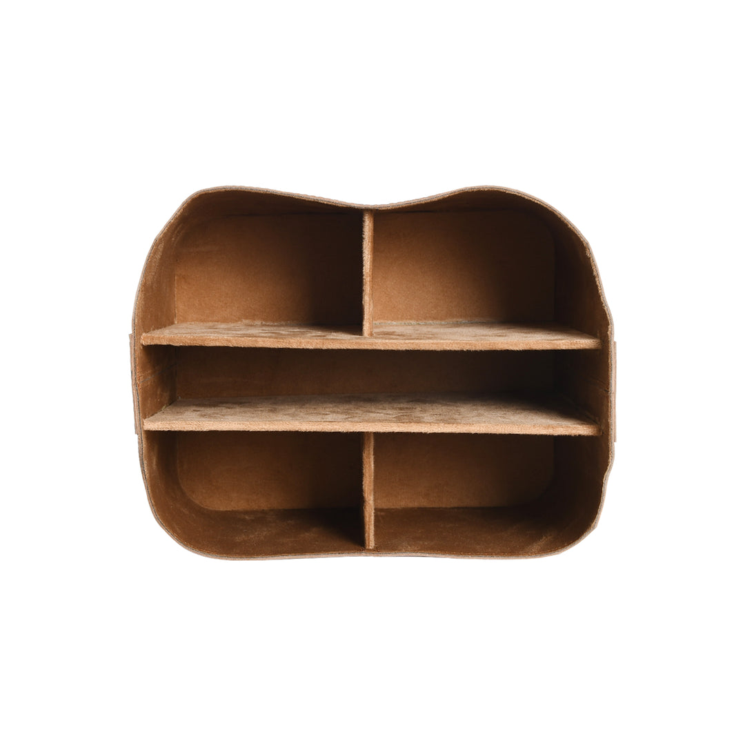 Brown leather organizer with multiple compartments on a white background