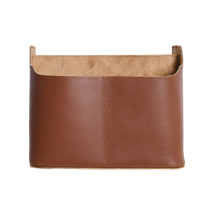 Brown leather storage organizer with beige interior on a white background