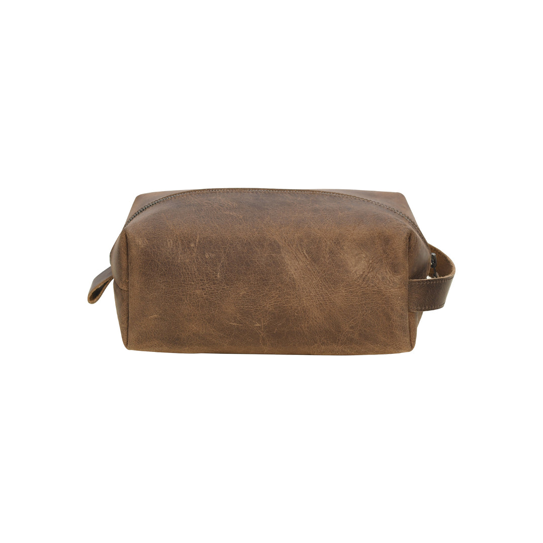 Brown leather toiletry bag on a white background