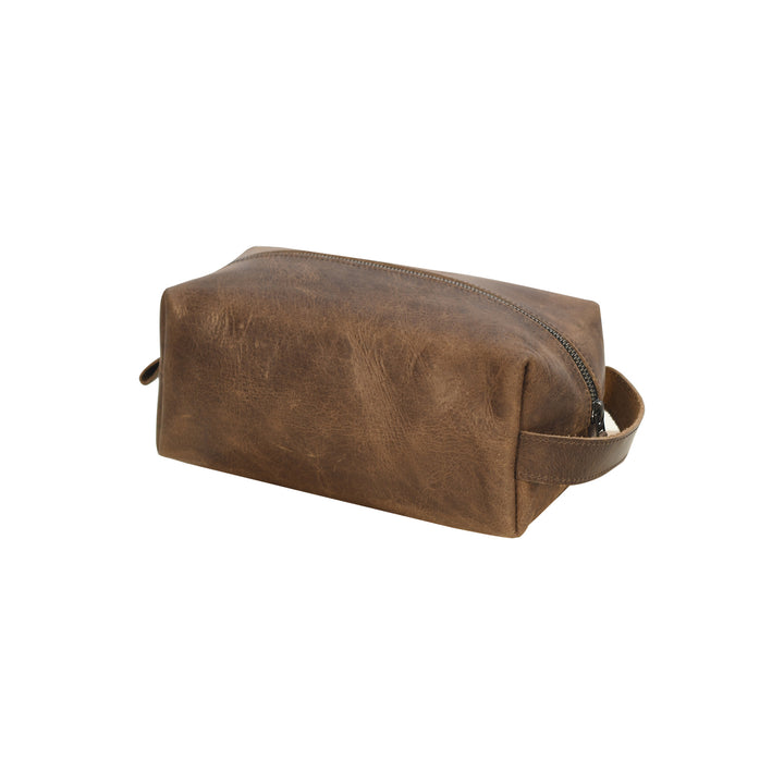 Brown leather toiletry bag on a white background