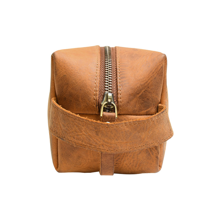 Brown leather pouch with a zipper on a white background
