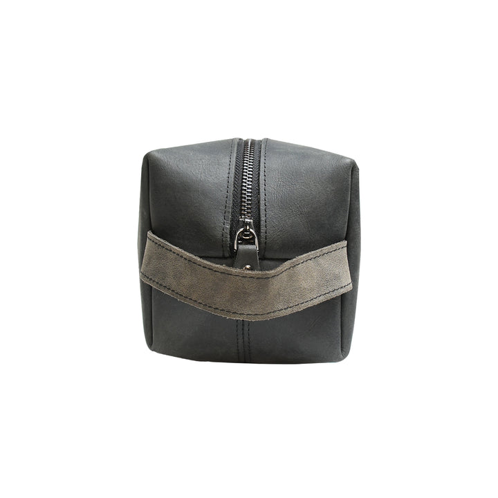 Black leather pouch with a zipper on a white background