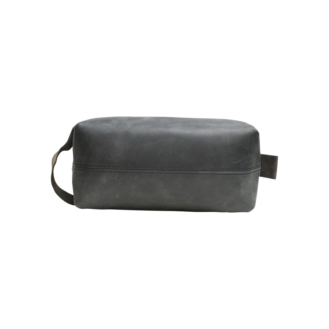 Black leather toiletry bag on a white background