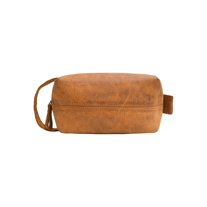 Brown leather toiletry bag on a white background