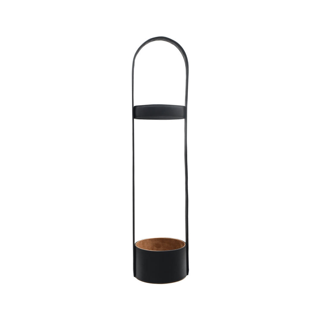 Black cylindrical lantern with a wooden base on a white background