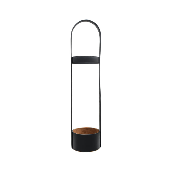 Black cylindrical lantern with a wooden base on a white background