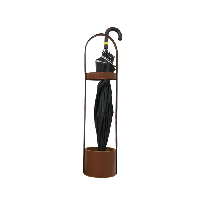 Brown umbrella stand holding a black umbrella on a white background