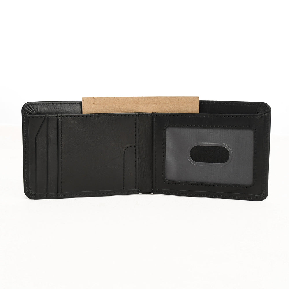 Black leather wallet with a wooden card holder on a white background