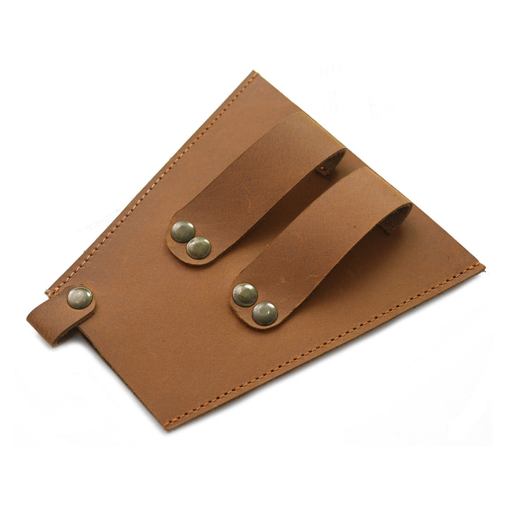 Brown leather pouch with metal clasps on a white background