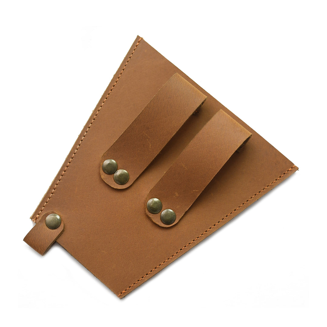 Brown leather pouch with metal clasps on a white background