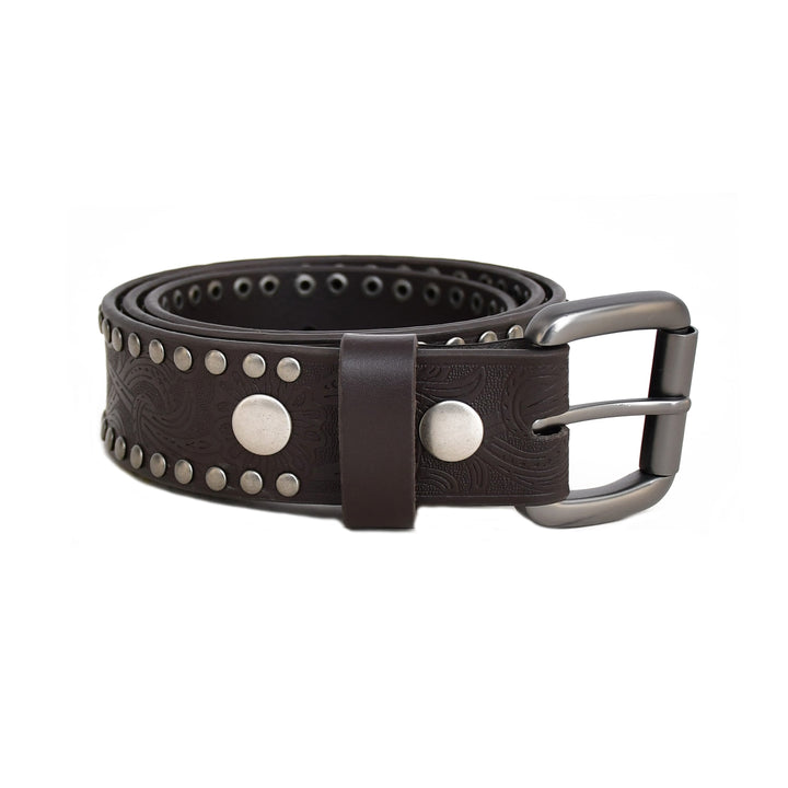 A dark brown leather belt with embossed floral detailing, silver-tone studs, and a silver-tone metal buckle, shown on a plain white background.
