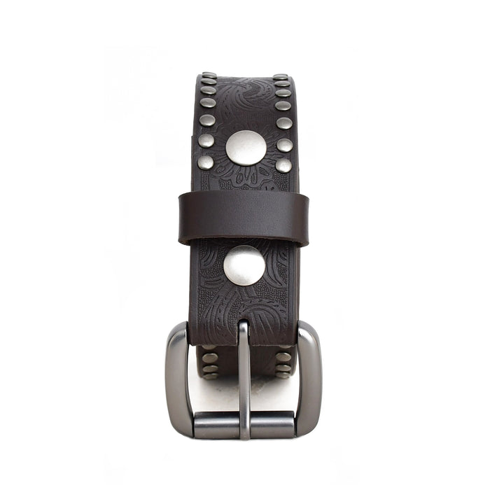 A dark brown leather belt with embossed floral detailing, silver-tone studs, and a silver-tone metal buckle, shown against a plain white background.