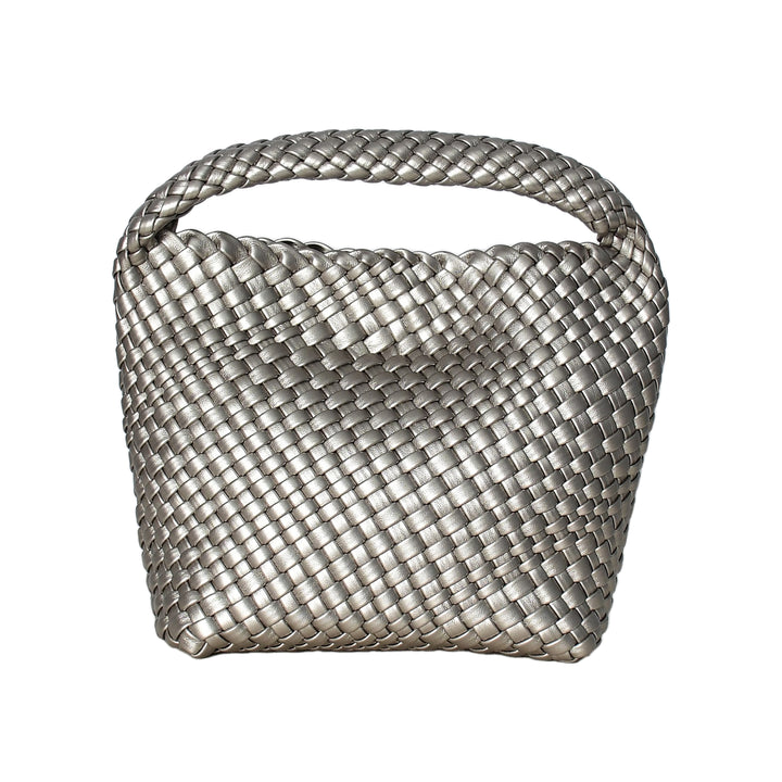 Woven silver handbag on a white background
