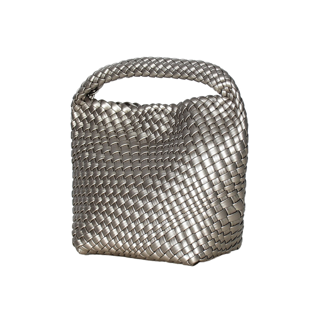 Silver woven handbag on a white background