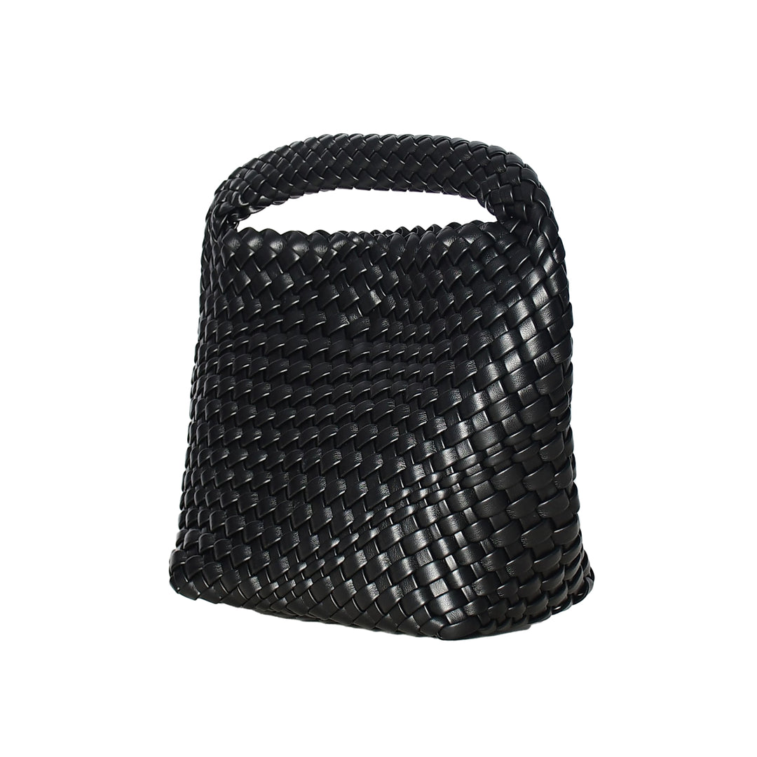 Black woven handbag on a white background