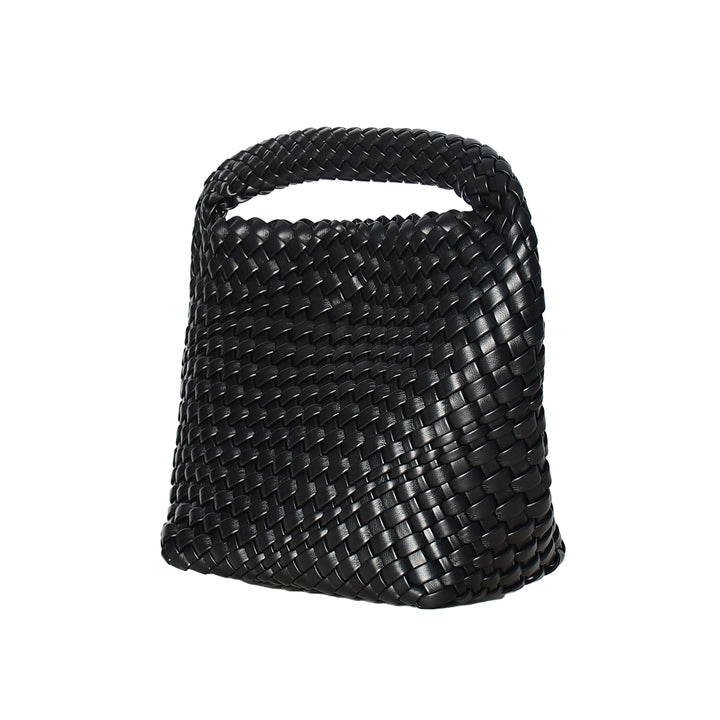 Black woven handbag on a white background