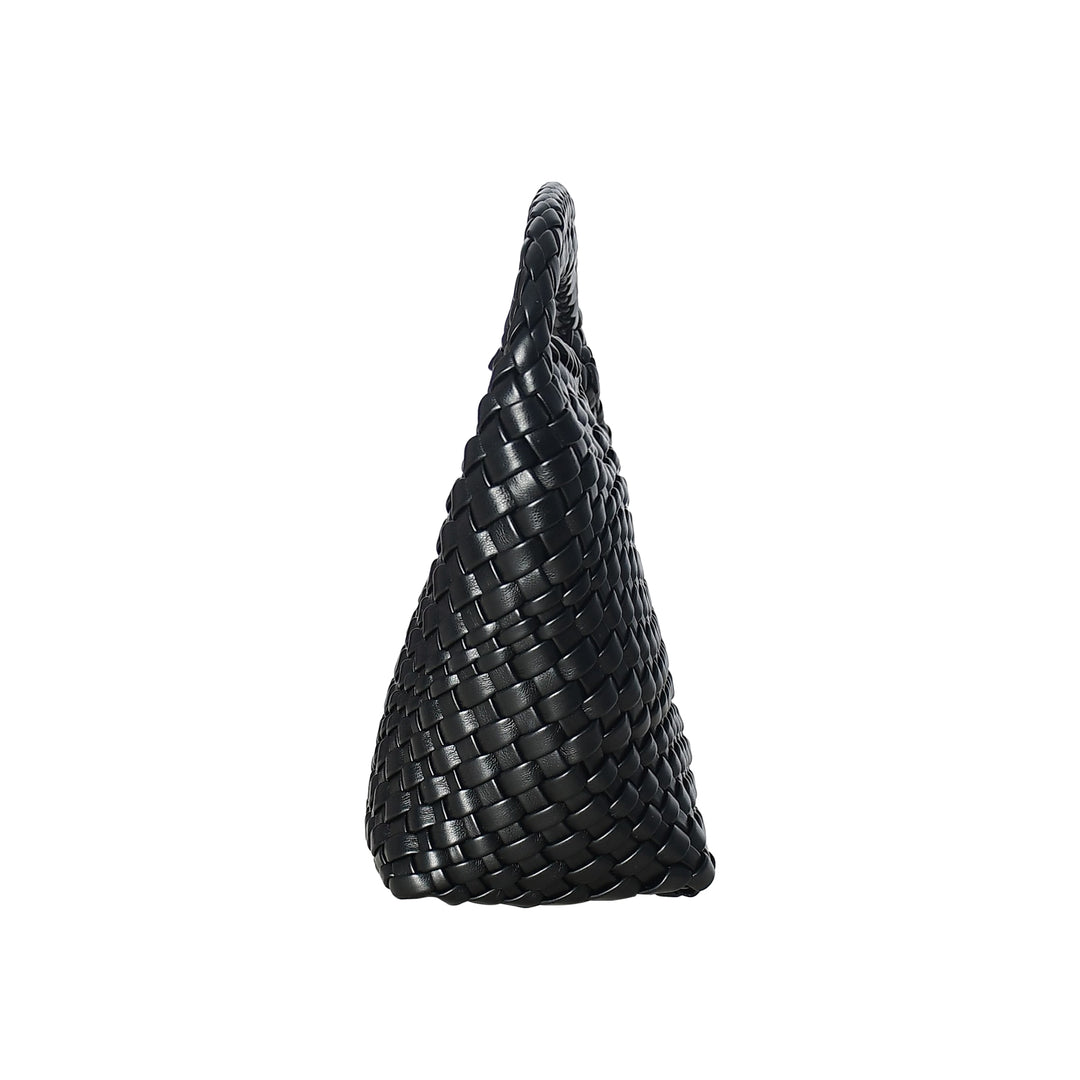 Black woven handbag on a white background