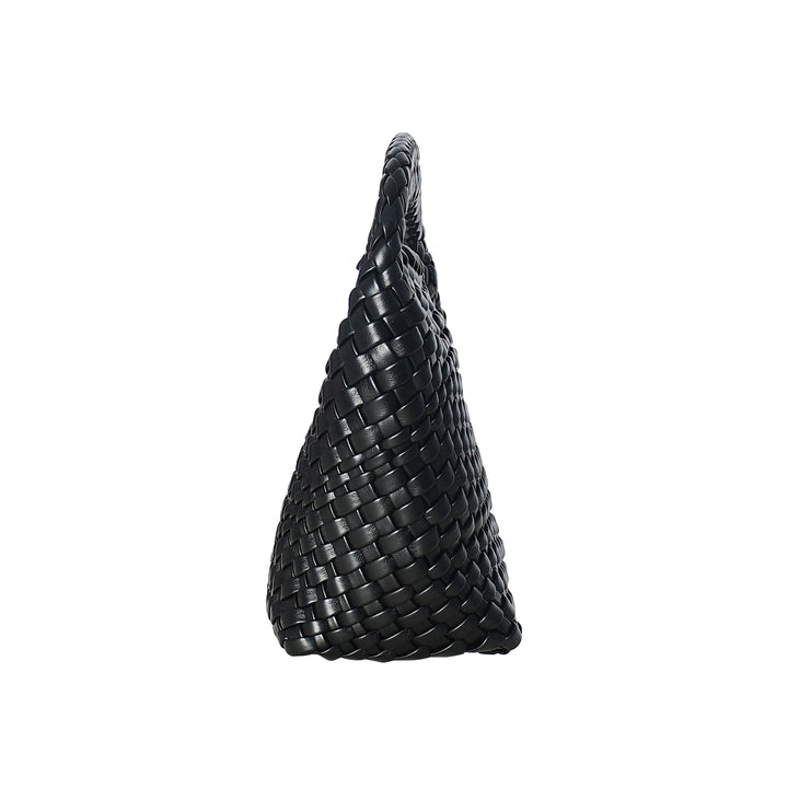 Black woven handbag on a white background