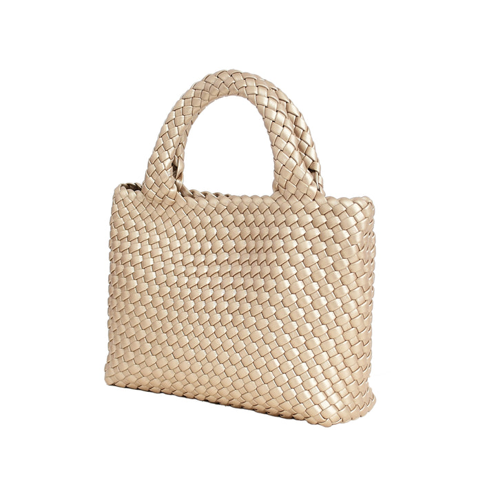 Beige woven handbag on a white background