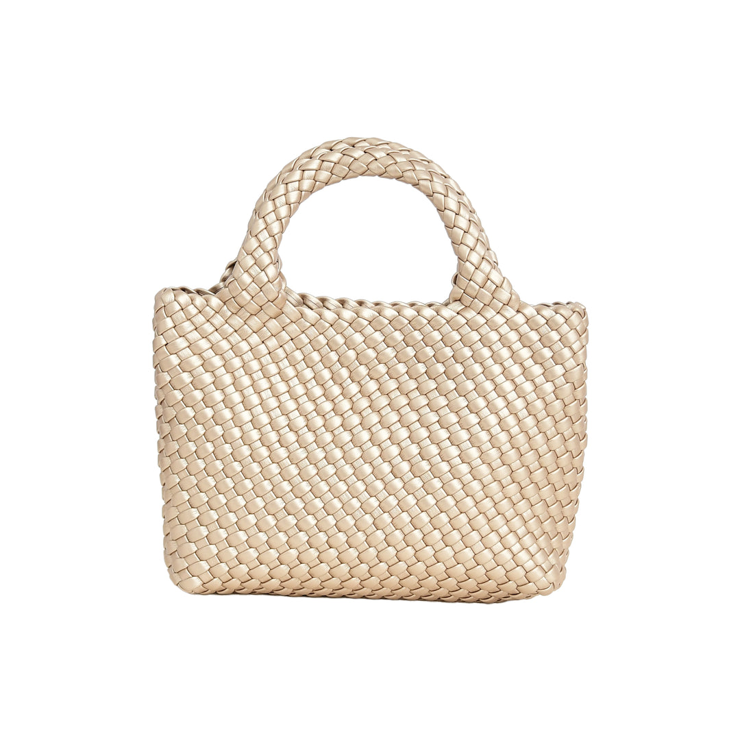 Beige woven handbag on a white background