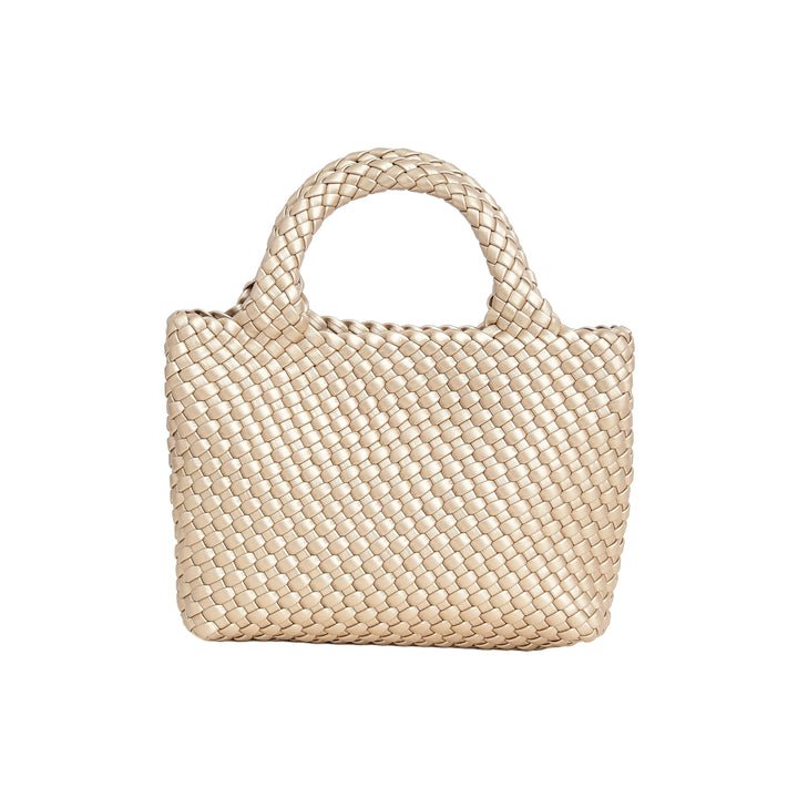Beige woven handbag on a white background