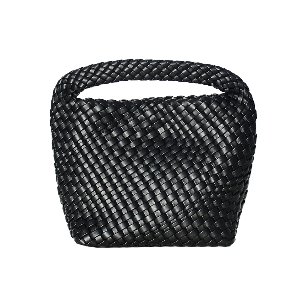 Black woven handbag on a white background