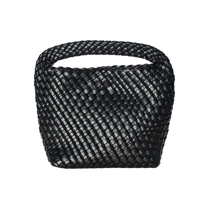 Black woven handbag on a white background